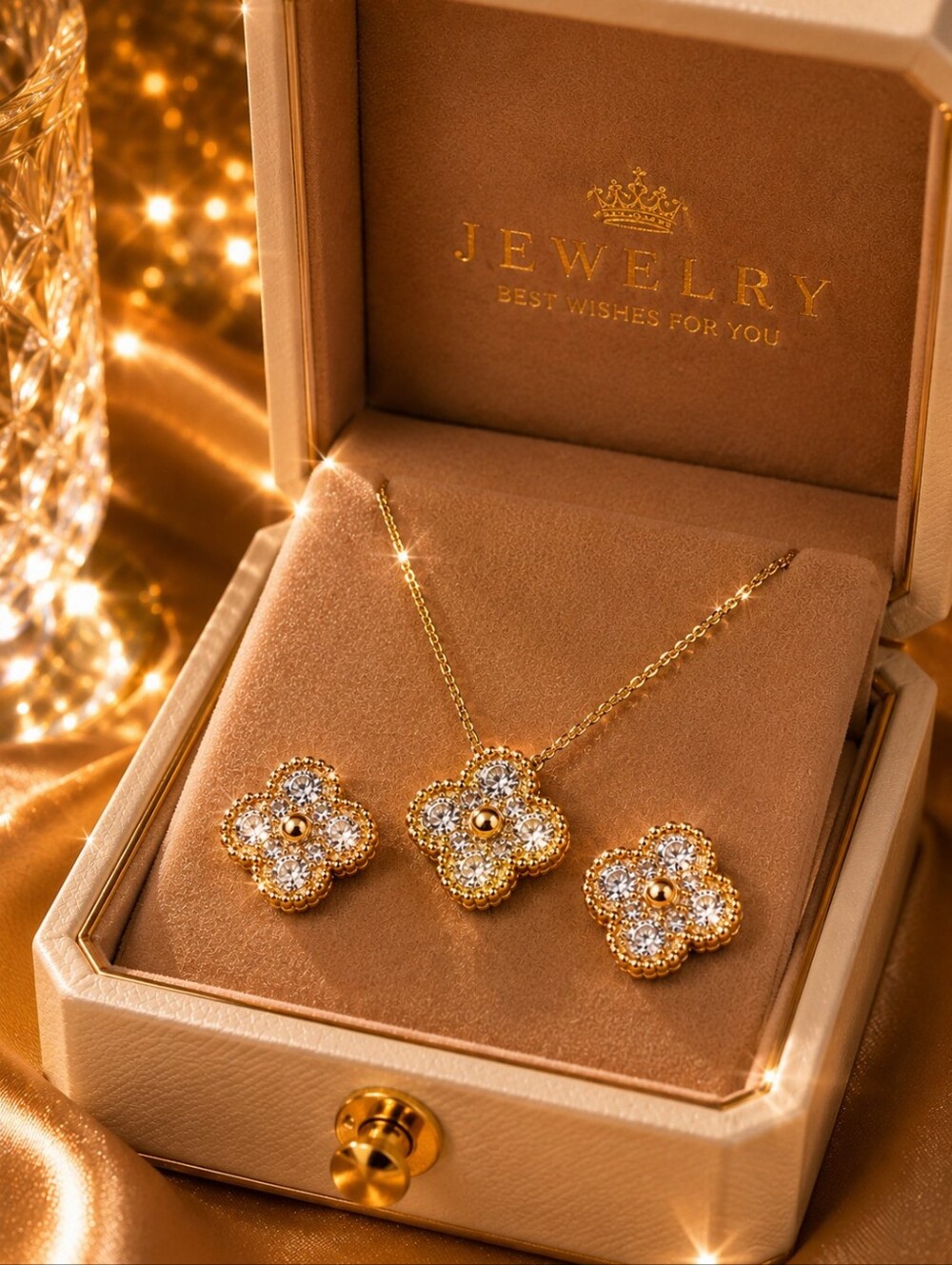 1Set Necklace and Earrings Clover Gold color design.Stainells Steel plated Gold.